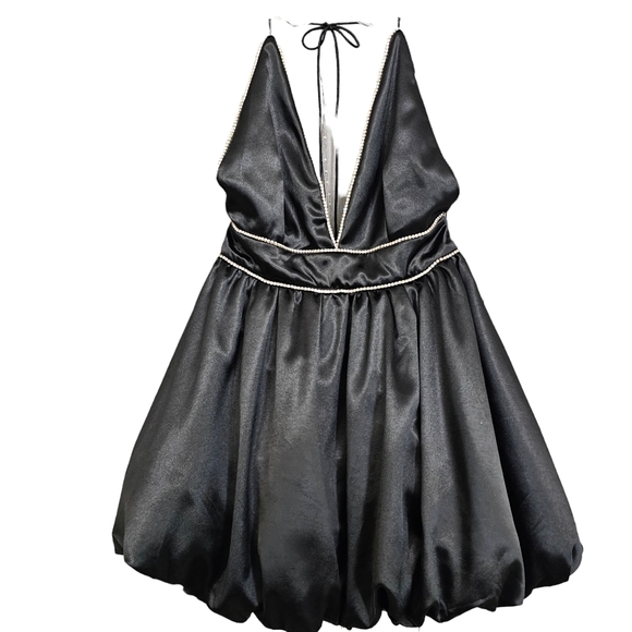 Nwot Lena Black Satin Halter Deep Plunge Rhinestone Trim Bubble Cocktail Dress - Picture 14 of 17